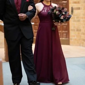 Burgundy lace halter bridesmaid dress, size 6